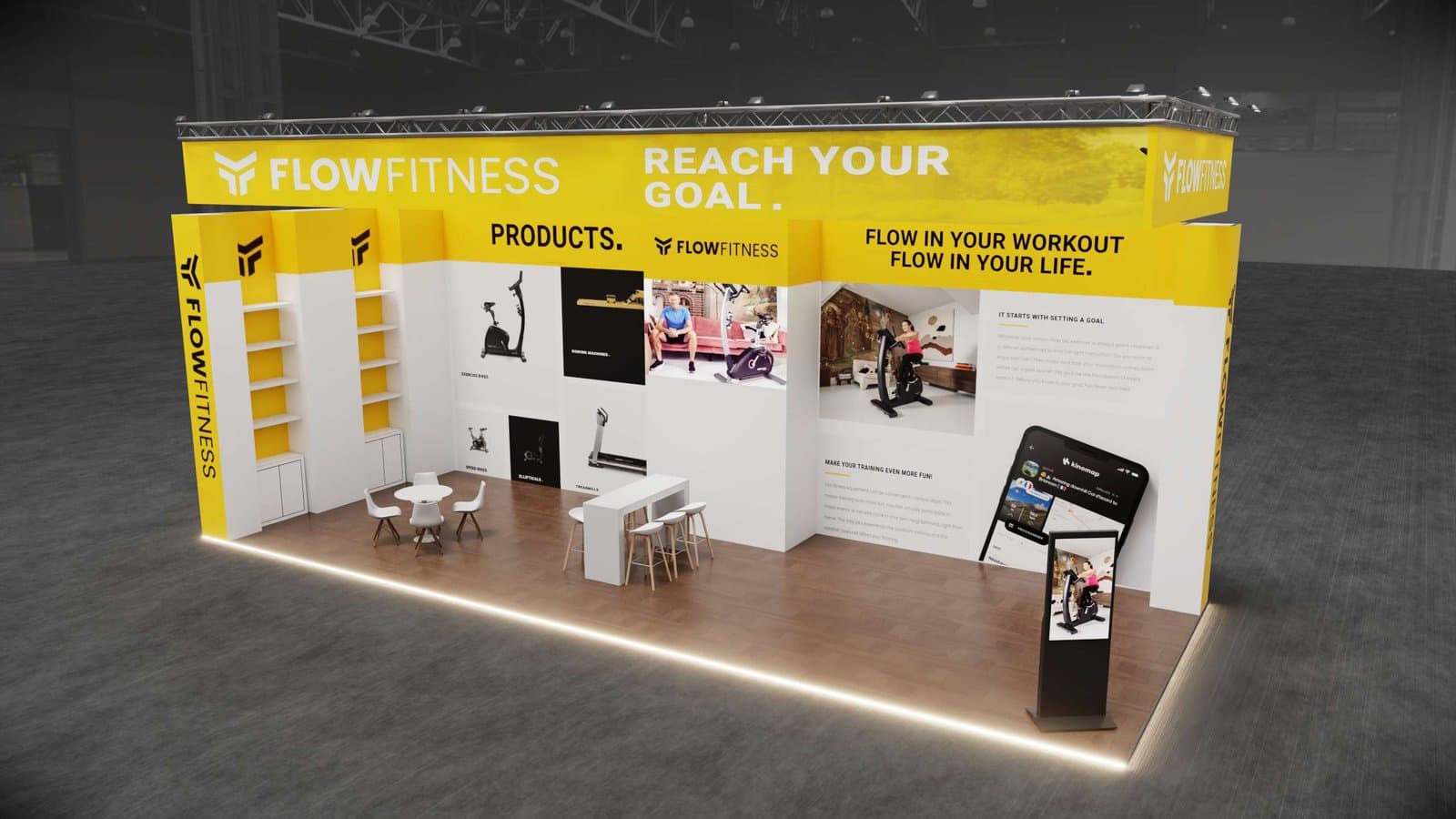 FlowFitness stand detail, productdisplay en demo-zone